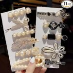 Annacreations 11 Pcs Korean Fashion Style Pearl Rhinestone Metal Hair Clips Hair Pin Stylish Hair Accessories Jewellery For Women's And Girls
