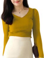 Casual Full Sleeve V Neck Ribbed Top for Girls – Comfortable Lycra Knitted Top - Image 2