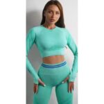 2 pc Gym Wear for Women Full Set, Scrunch Butt Lifting Leggings with Full Sleeves Crop Top Workout set, 4 way Stretchable Gym Leggings for Women High Waist- - Image 4