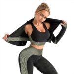 Stylish 3pc Track Suit Gym Wear for Women Workout Set with Butt Lift High Waist Stretchable Leggings, Zipper Crop Top and Cross Strap Sports Bra, Yoga Outfit Co Ord Sets - Image 4