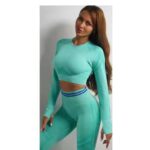 2 pc Gym Wear for Women Full Set, Scrunch Butt Lifting Leggings with Full Sleeves Crop Top Workout set, 4 way Stretchable Gym Leggings for Women High Waist- - Image 2
