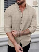 DEELMO Men's Regular Fit Button Down Dress Shirts Textured Long Sleeve Casual Hawaiian Shirt - Image 4