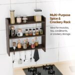 Modern Kitchen Wall Shelf with Hooks, 3-Tier White and Beech Wood Storage Rack, 55 x 50 cm, Utensil Organizer with Spice Jar Display (white- beech) - Image 9