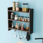 Modern Kitchen Wall Shelf with Hooks, 3-Tier White and Beech Wood Storage Rack, 55 x 50 cm, Utensil Organizer with Spice Jar Display (white- beech) - Image 11