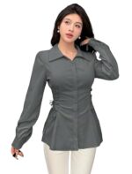 Woman's Polyester Shirt with Waist Tie Full Sleeves Regular Fit Collared Neck Solid Pattern and Mid Thigh Length - Image 15
