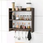 Modern Kitchen Wall Shelf with Hooks, 3-Tier White and Beech Wood Storage Rack, 55 x 50 cm, Utensil Organizer with Spice Jar Display (white- beech) - Image 7