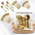 Premium Stainless Steel, 25-Piece Cutlery Set for Kitchen & Table (6 Dessert Spoons, 6 Dessert Forks, 6 Tea Spoons, 6 Soup Spoons, 1 Storage Stand) (25, Gold) - Image 3
