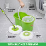 Scotch-Brite Twin Bucket Spin Mop with Easy Wring & Rinse System, 360° Adjustable Handle, High Absorbency Microfiber for Deep Cleaning on All Floor Types, 1 Extra Refill (Green) - Image 2