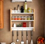 Modern Kitchen Wall Shelf with Hooks, 3-Tier White and Beech Wood Storage Rack, 55 x 50 cm, Utensil Organizer with Spice Jar Display (white- beech) - Image 4