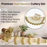Premium Stainless Steel, 25-Piece Cutlery Set for Kitchen & Table (6 Dessert Spoons, 6 Dessert Forks, 6 Tea Spoons, 6 Soup Spoons, 1 Storage Stand) (25, Gold) - Image 5