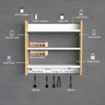 Modern Kitchen Wall Shelf with Hooks, 3-Tier White and Beech Wood Storage Rack, 55 x 50 cm, Utensil Organizer with Spice Jar Display (white- beech) - Image 5
