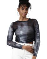 ICW Women French Retro Knitted Long Sleeves Round Neck Mesh Tie-Dye Printed Crop Top T-Shirt 301 - Image 6