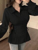 Woman's Polyester Shirt with Waist Tie Full Sleeves Regular Fit Collared Neck Solid Pattern and Mid Thigh Length - Image 9
