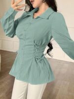 Woman's Polyester Shirt with Waist Tie Full Sleeves Regular Fit Collared Neck Solid Pattern and Mid Thigh Length - Image 13