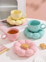 Ceramic Sunflower Bloom Cup and Saucer Set Microwave Safe Coffee Mug for Home and Kitchen Dining - 350ml Capacity (Pink) - Image 4