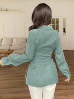 Woman's Polyester Shirt with Waist Tie Full Sleeves Regular Fit Collared Neck Solid Pattern and Mid Thigh Length - Image 12