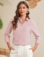 Women’s Pink Striped Shirt | Elegant Button Down Shirt for Women | Stylish Casual & Office Wear Top - Image 6