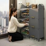 Stylish Multi-Layer Shoe Rack with Dustproof Doors and Side Hooks | 6 Door-12 Shelf Space-Saving Shoe Organizer Cabinet for Home & Office | Modular Shoe Rack, DIY (Grey&Orenge, 6-DOOR) - Image 4