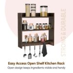 Modern Kitchen Wall Shelf with Hooks, 3-Tier White and Beech Wood Storage Rack, 55 x 50 cm, Utensil Organizer with Spice Jar Display (white- beech) - Image 10
