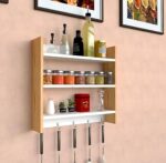 Modern Kitchen Wall Shelf with Hooks, 3-Tier White and Beech Wood Storage Rack, 55 x 50 cm, Utensil Organizer with Spice Jar Display (white- beech) - Image 3