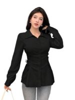 Woman's Polyester Shirt with Waist Tie Full Sleeves Regular Fit Collared Neck Solid Pattern and Mid Thigh Length - Image 6