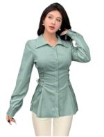 Woman's Polyester Shirt with Waist Tie Full Sleeves Regular Fit Collared Neck Solid Pattern and Mid Thigh Length - Image 11