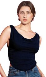 Istyle Can Women's Solid/Plain Asymmetric Hem Stretchable Draped Crop Top. Sleeveless, Single Shoulder, Off Shoulder, Cowl Neck, Crop Length - Image 7