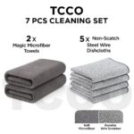 TCCO 7 PCS Kitchen Cleaning Cloth Set – 2 Thickened Magic Microfiber Towels & 5 Non-Scratch Steel Wire Dishcloths, Reusable & Absorbent Rags for Dishes, Pots, Pans, Car & Household Cleaning - Image 2