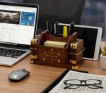 StonKraft Wooden Stationery Desk Organiser, Coasters Set, Pen Stand, Business Card Holder With Brass Work (Office Table Accessories), Gold - Image 3