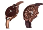 Shocknshop Leather Analogue Unisex Couple Combo Watch For Men & Women (Brown Dial & Colored Strap) -W246-236Br, Brown Band - Image 2