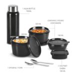 MILTON Pro Lunch Box with Steel Cutlery, 3 Microwave Safe Inner Steel Containers (180ml, 320ml, 450ml) Plastic Chutney Dabba 100ml, Bottle 750ml with Insulated Bag, Office Tiffin, Black - Image 2