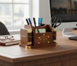 StonKraft Wooden Stationery Desk Organiser, Coasters Set, Pen Stand, Business Card Holder With Brass Work (Office Table Accessories), Gold - Image 4