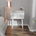 Modern Bedside Table with Solid Wood Legs Minimalist and Practical Bedside Table End Side Table with 2 Drawer Storage for Bedroom & Living Room (White) - Image 2