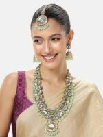Peora Gold Plated Crystal Kundan & Beads Studded Long Necklace Earrings Maangtikka Set Ethnic Jewellery for Women - Image 2