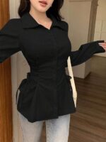 Woman's Polyester Shirt with Waist Tie Full Sleeves Regular Fit Collared Neck Solid Pattern and Mid Thigh Length - Image 10