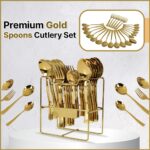 Premium Stainless Steel, 25-Piece Cutlery Set for Kitchen & Table (6 Dessert Spoons, 6 Dessert Forks, 6 Tea Spoons, 6 Soup Spoons, 1 Storage Stand) (25, Gold) - Image 2