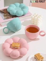 Ceramic Sunflower Bloom Cup and Saucer Set Microwave Safe Coffee Mug for Home and Kitchen Dining - 350ml Capacity (Pink) - Image 5