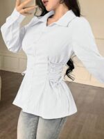 Woman's Polyester Shirt with Waist Tie Full Sleeves Regular Fit Collared Neck Solid Pattern and Mid Thigh Length - Image 3