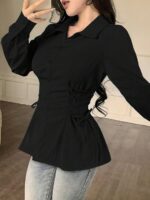 Woman's Polyester Shirt with Waist Tie Full Sleeves Regular Fit Collared Neck Solid Pattern and Mid Thigh Length - Image 8