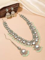 Peora Gold Plated Crystal Kundan & Beads Studded Long Necklace Earrings Maangtikka Set Ethnic Jewellery for Women - Image 3