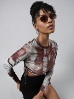 ICW Women French Retro Knitted Long Sleeves Round Neck Mesh Tie-Dye Printed Crop Top T-Shirt 301 - Image 7