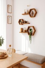 Wooden Floating Wall Shelves For Living Room, Wall Mounted Set Of 6 Hexagon Shelves For Photos Plants And Wall Decor Honeycomb Wall Shelves For Bedroom (Navy Blue) (Brown) - Image 2
