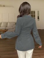 Woman's Polyester Shirt with Waist Tie Full Sleeves Regular Fit Collared Neck Solid Pattern and Mid Thigh Length - Image 16