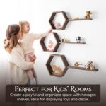 Wooden Floating Wall Shelves For Living Room, Wall Mounted Set Of 6 Hexagon Shelves For Photos Plants And Wall Decor Honeycomb Wall Shelves For Bedroom (Navy Blue) (Brown) - Image 4