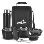 MILTON Pro Lunch Box with Steel Cutlery, 3 Microwave Safe Inner Steel Containers (180ml, 320ml, 450ml) Plastic Chutney Dabba 100ml, Bottle 750ml with Insulated Bag, Office Tiffin, Black - Image 6