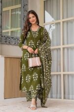 PARTHVI Women's Pure Cotton Printed Straight Kurta Set with Palazzo Pants & Dupatta- Ethnic Wear, Green - Image 6