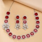 ZENEME Jewellery Set Classic Style Rhodium Plated AD/American Diamond Studded Silver Plated Bejeweled Rose Necklace Jewellery Set for Women & Girls - Image 3