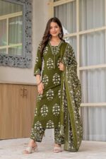 PARTHVI Women's Pure Cotton Printed Straight Kurta Set with Palazzo Pants & Dupatta- Ethnic Wear, Green - Image 3