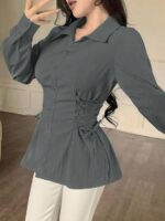 Woman's Polyester Shirt with Waist Tie Full Sleeves Regular Fit Collared Neck Solid Pattern and Mid Thigh Length - Image 17