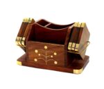 StonKraft Wooden Stationery Desk Organiser, Coasters Set, Pen Stand, Business Card Holder With Brass Work (Office Table Accessories), Gold - Image 6